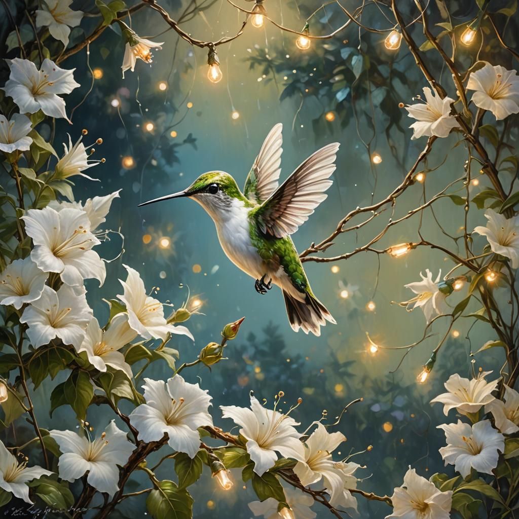 Hummingbird in Fairyland: An Enchanting Oil Painting