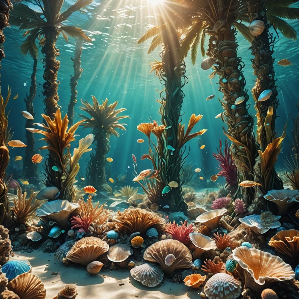 Underwater Mermaid Kingdom with Coconut Palms in Sunlight