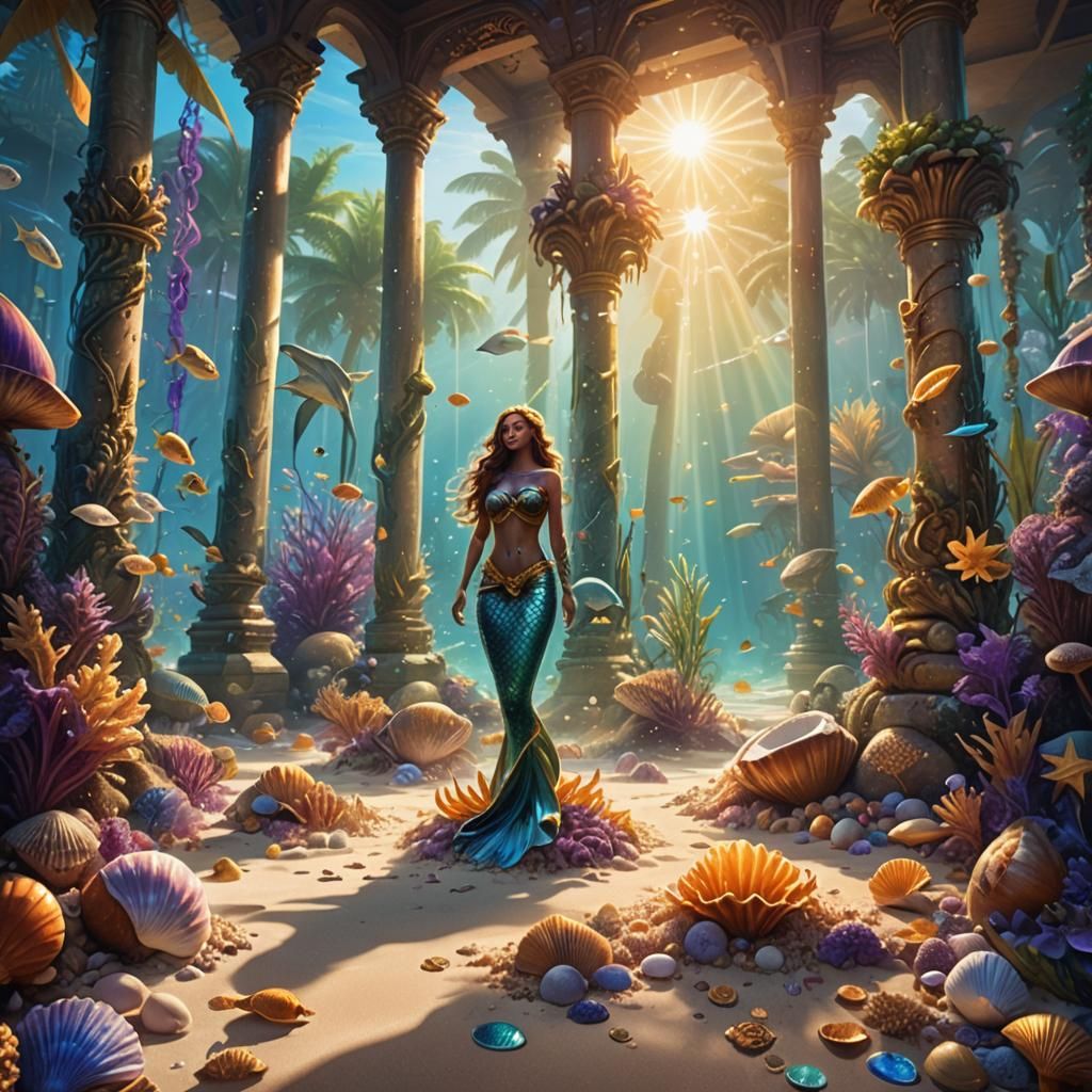 Underwater Kingdom: Mermaids and Sunlit Coconut Palms