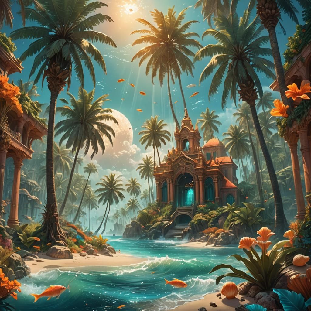 Underwater Mermaid Kingdom with Sunlit Coconut Palms