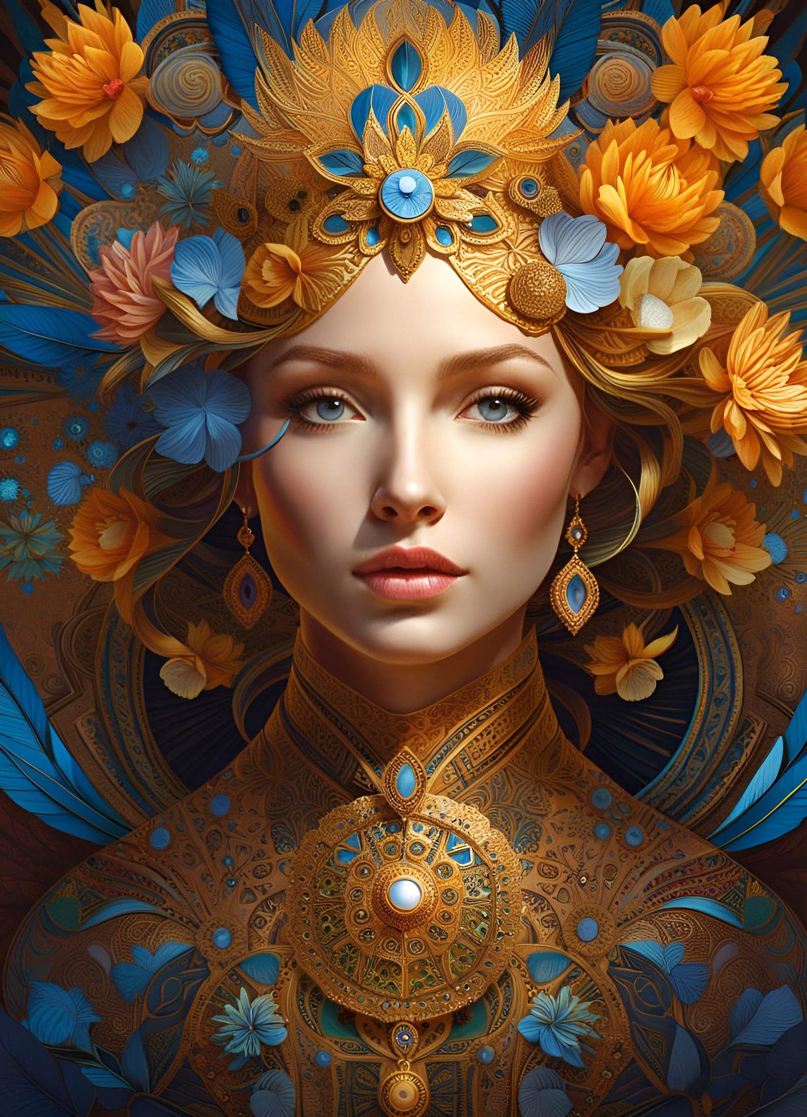 Flower Fractal Woman Portrait in Triadic Colors