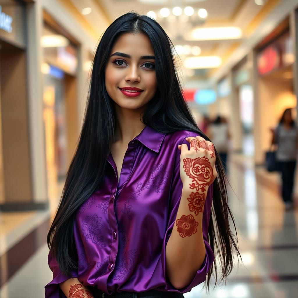 Elegant Woman in a Shimmering Purple Satin Shirt, Captured i...