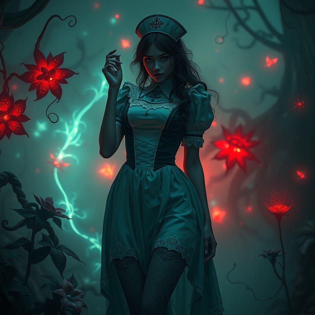 Mystifying Nurse in Victorian Attire, Surrounded by Eerie Fo...
