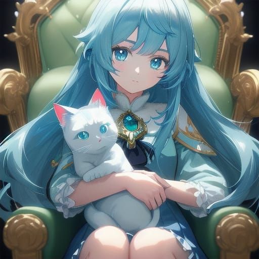 Anime Princess Portrait with Cat on Throne