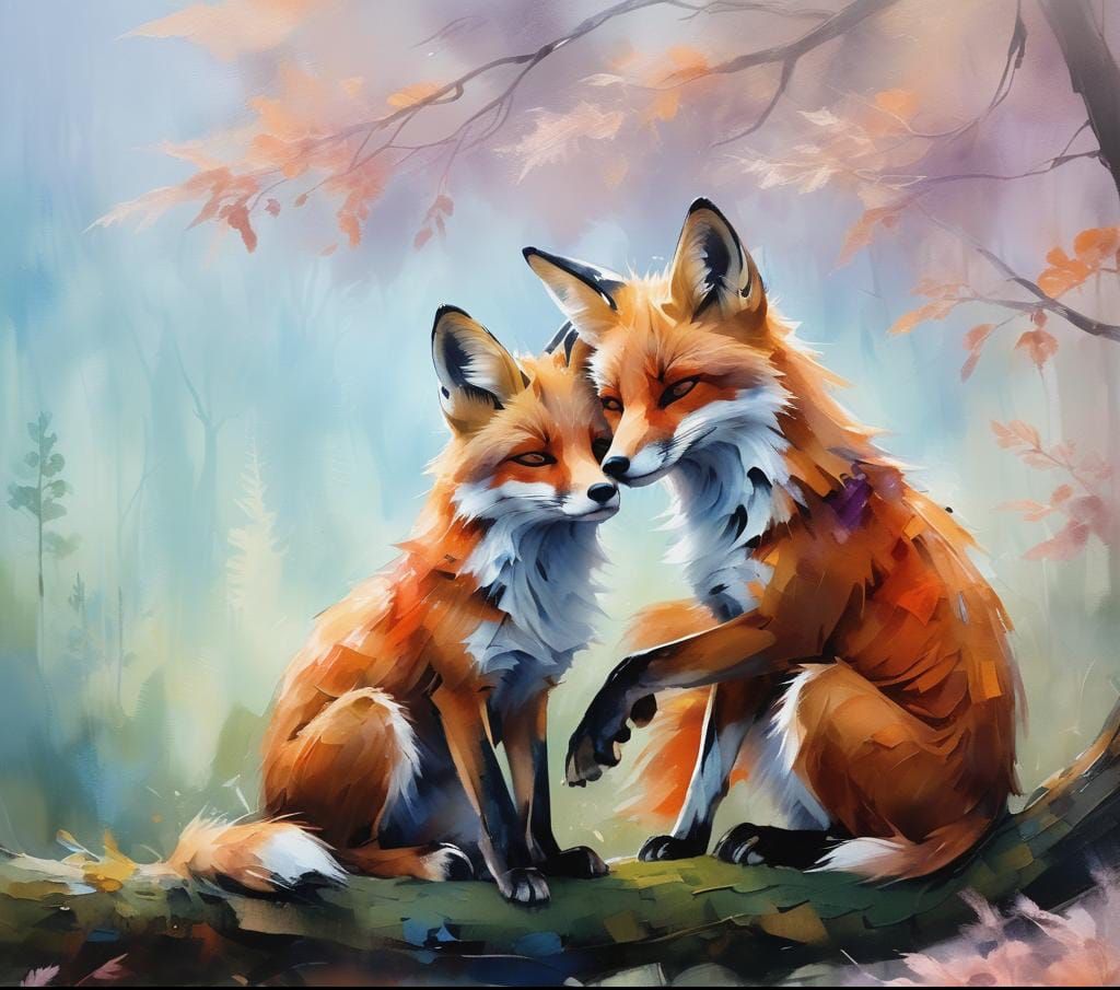 Foxes in Love: Expressionist Painting with Vivid Colors