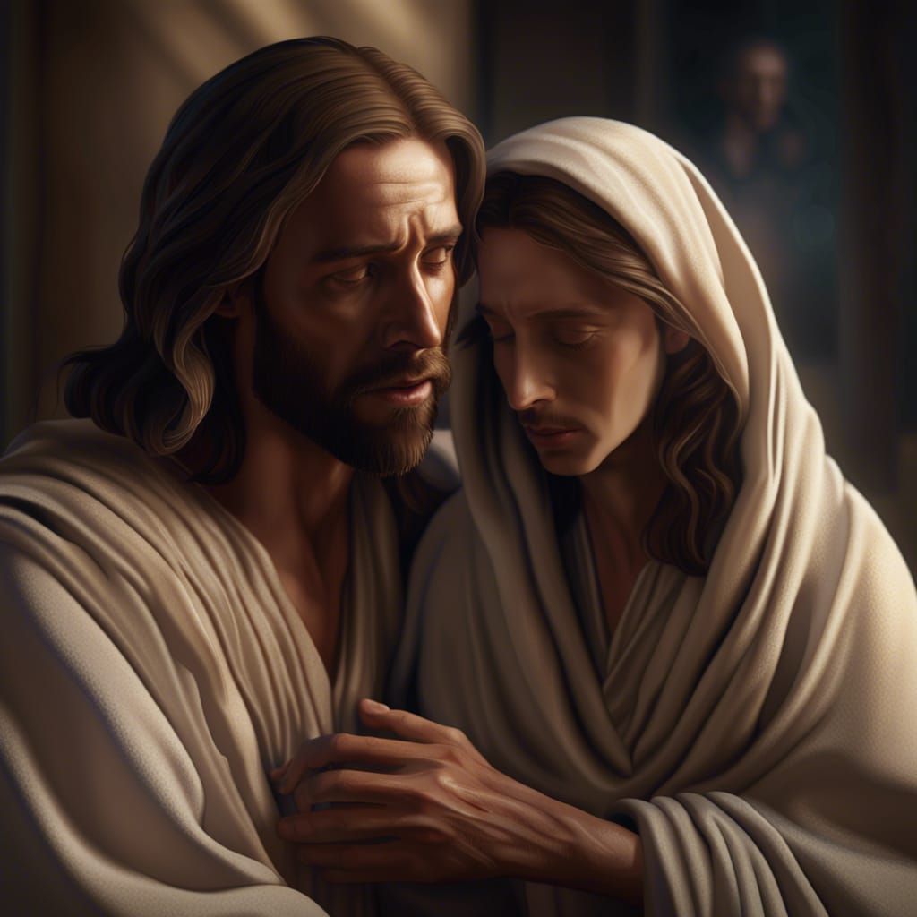 Jesus Comforting, Hyperrealistic Surreal Concept Art