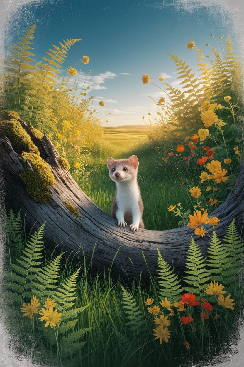 Playful Weasel in Sunny Meadow, Sketch Artistry Style