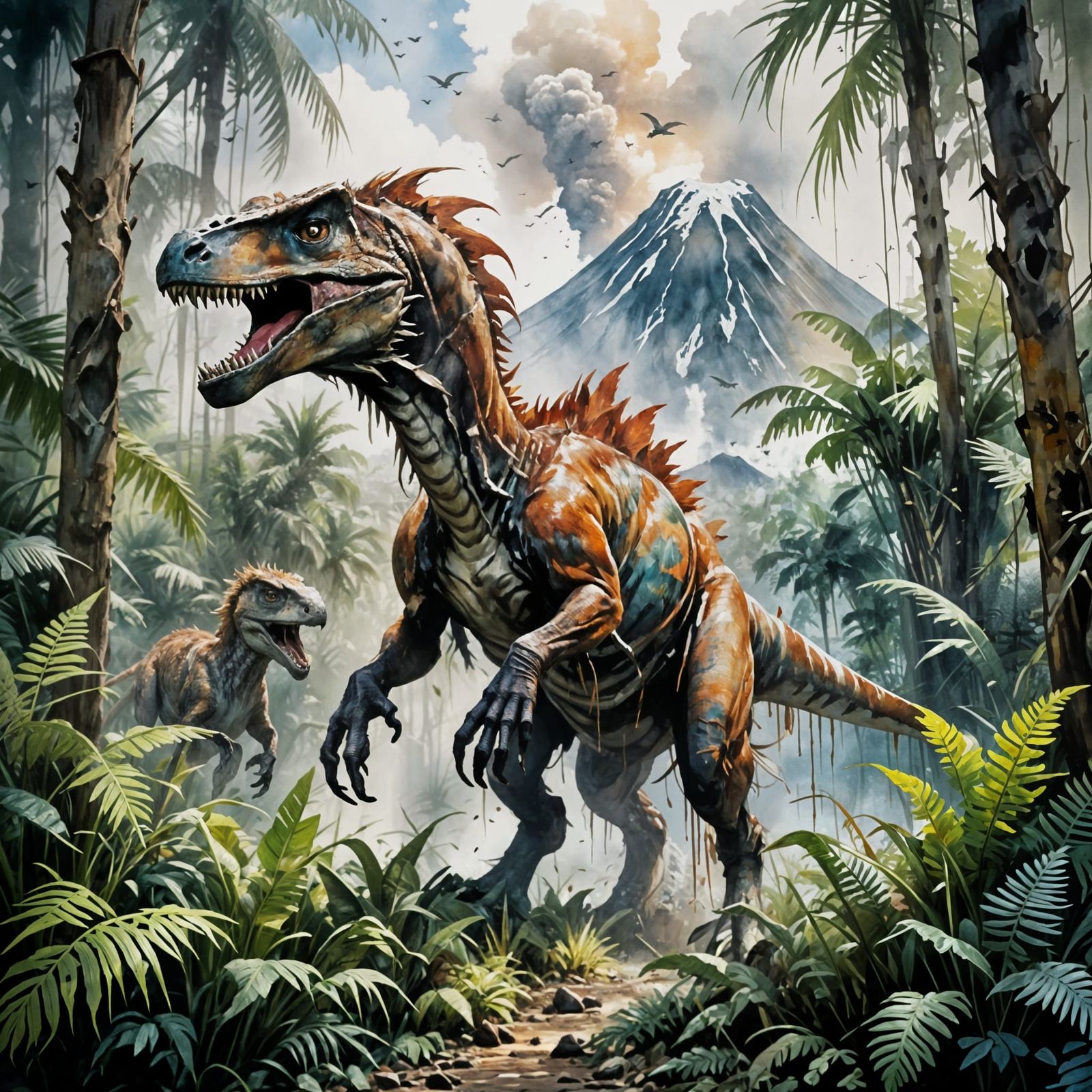 Velociraptors in a Prehistoric Forest, in Watercolour Style