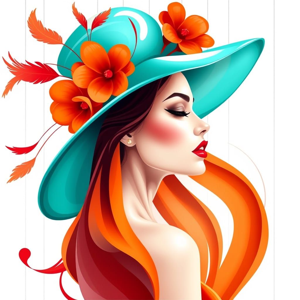 Ethereal Woman in Turquoise and Orange Hat, Fashion Illustra...