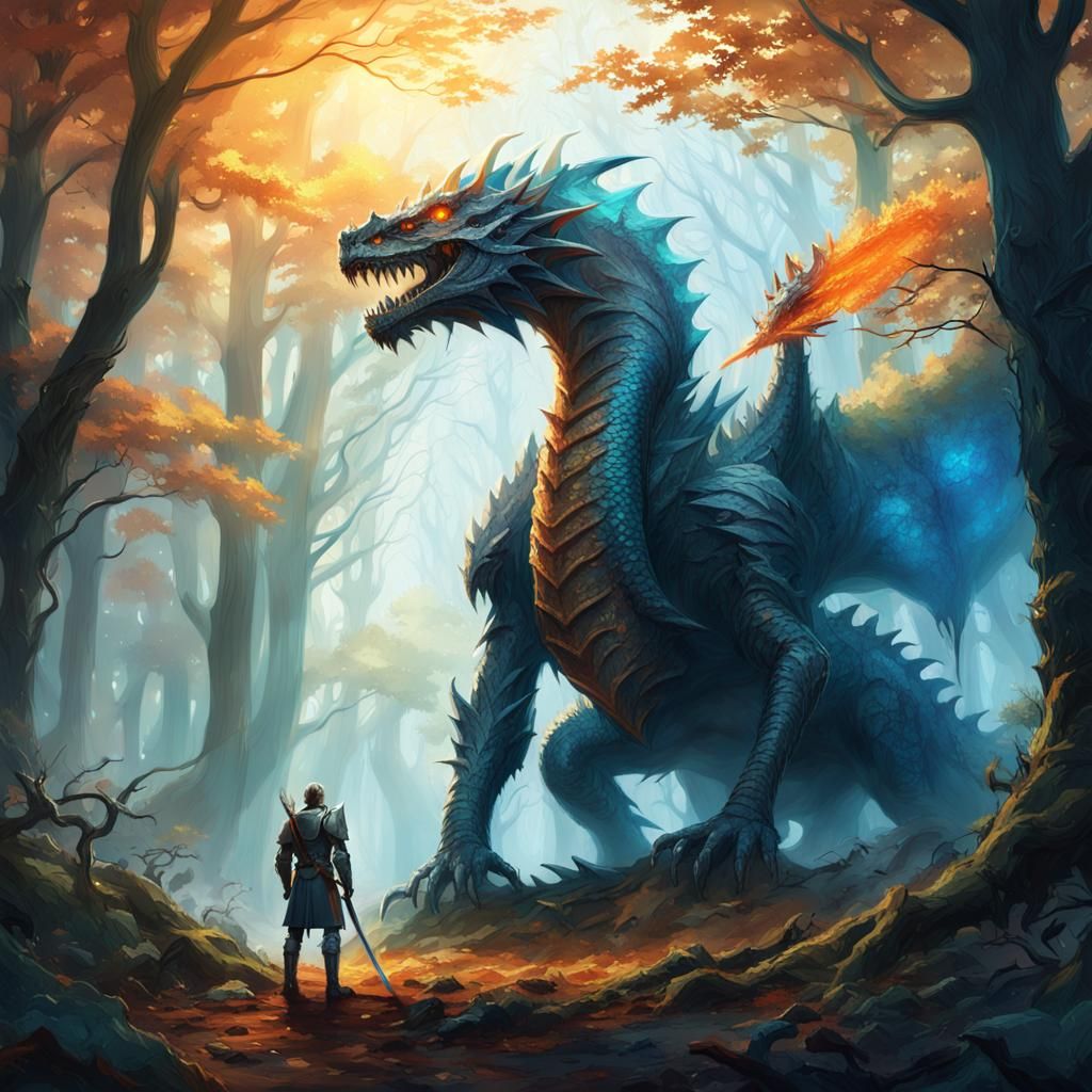Knight and Dying Dragon in Mystical Forest