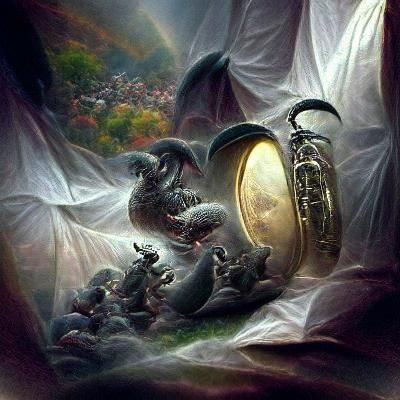Tuba Dragon in Ethereal Fantasy Landscape
