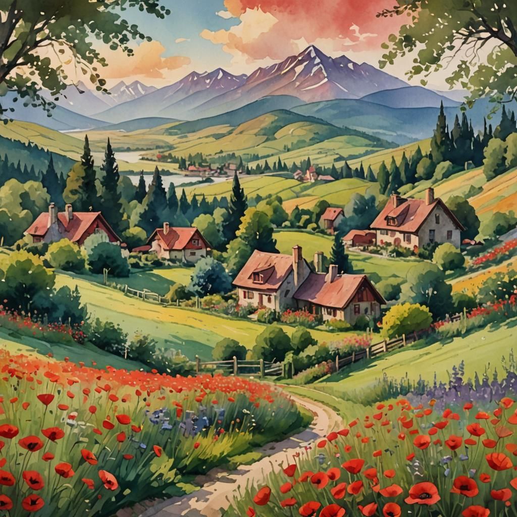 Idyllic Landscape: Children Playing in Poppy Field