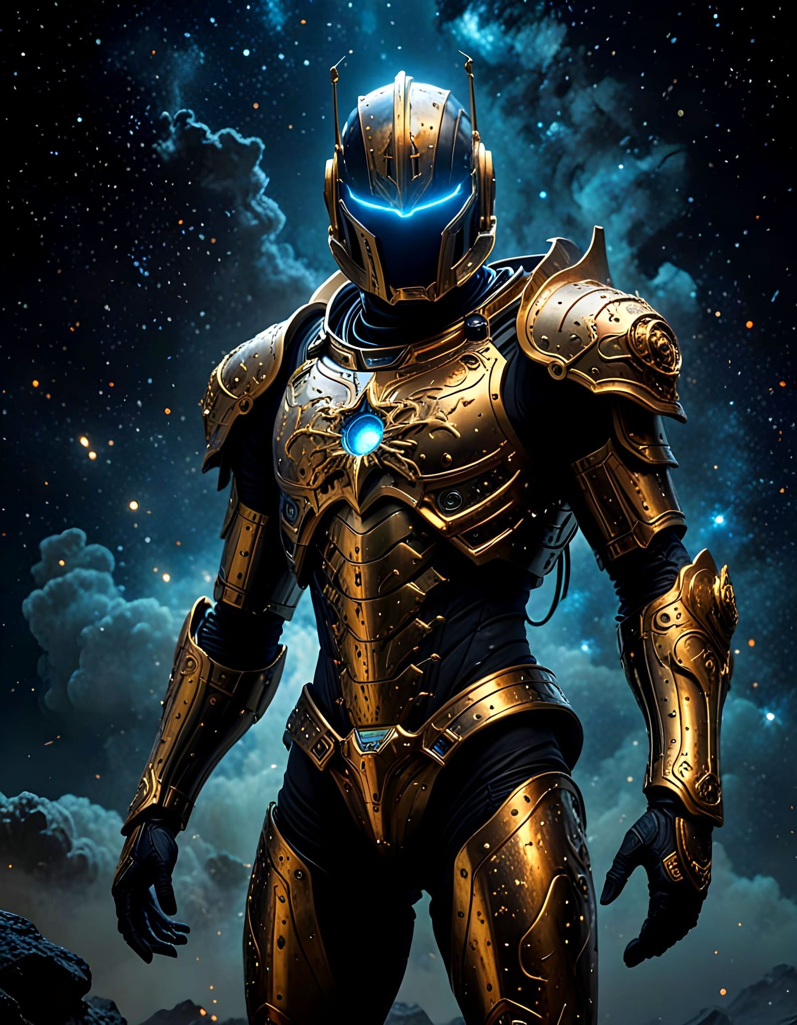 Cosmic Being in Golden Robes Holds Galaxy Oil Painting