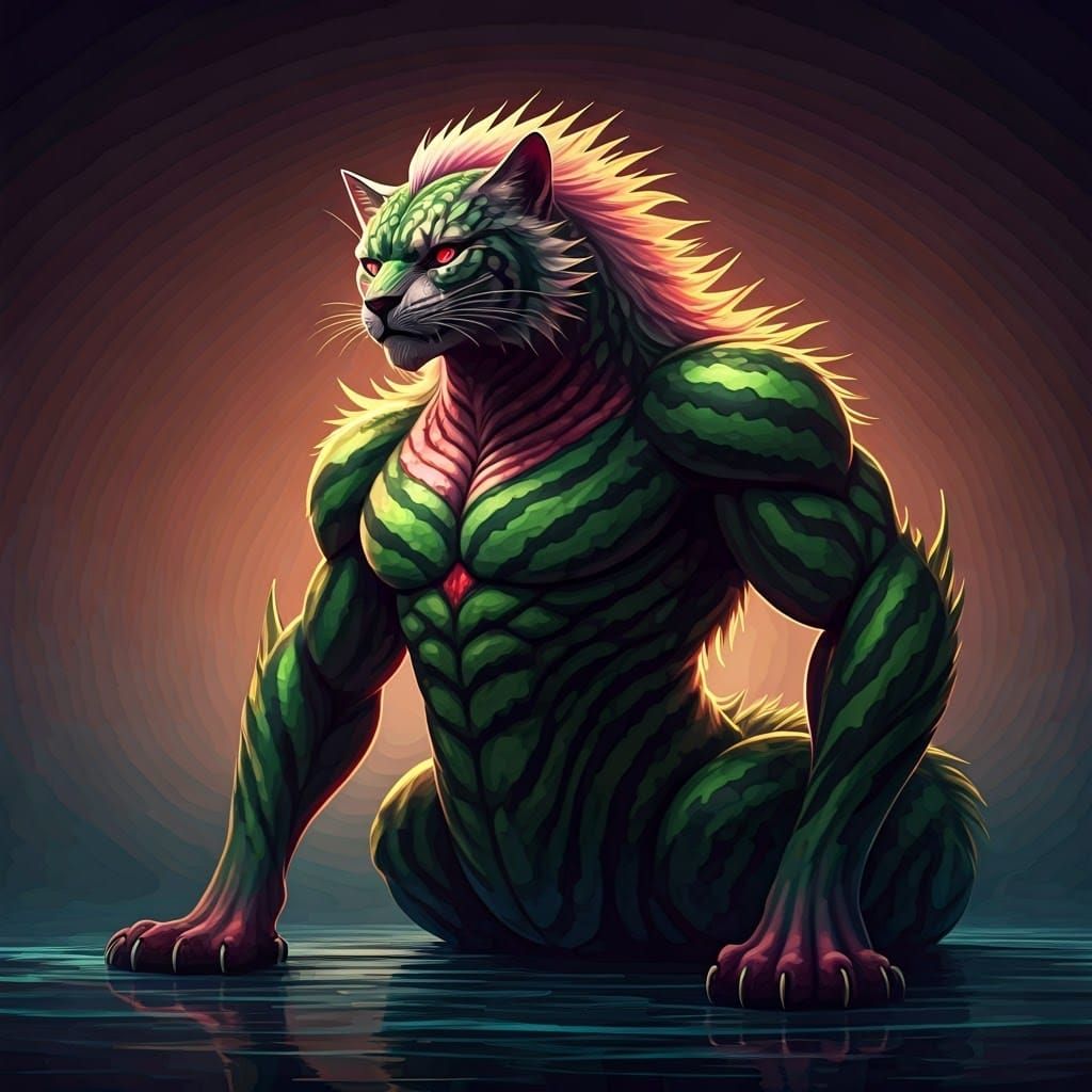 Epic Anime-Inspired Watermelon Cat in Dynamic Stance
