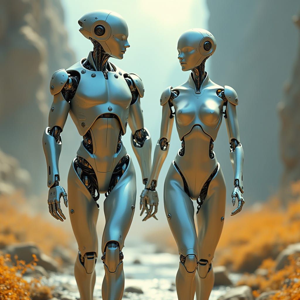Sleek Robots Stroll Through Futuristic Utopia in Harmony