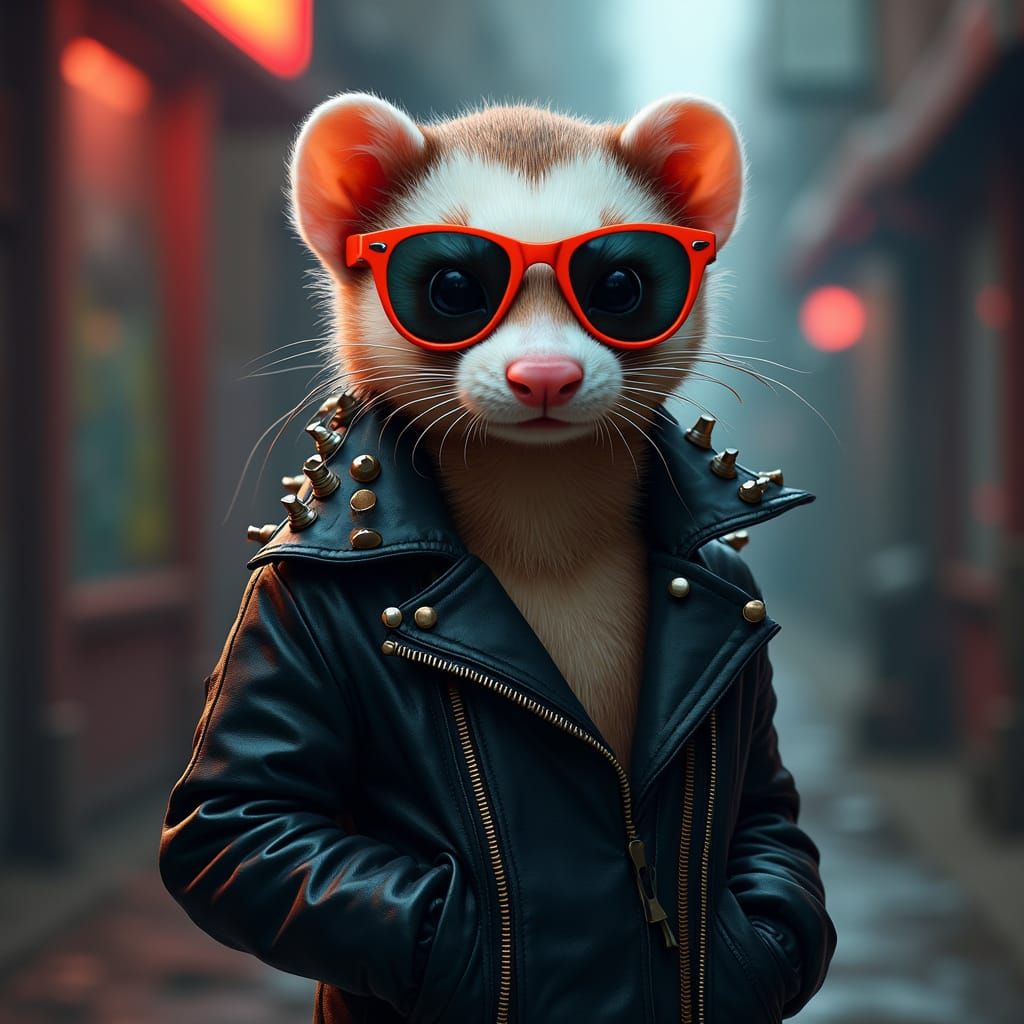Cyberpunk Ferret in Gritty Urban Setting