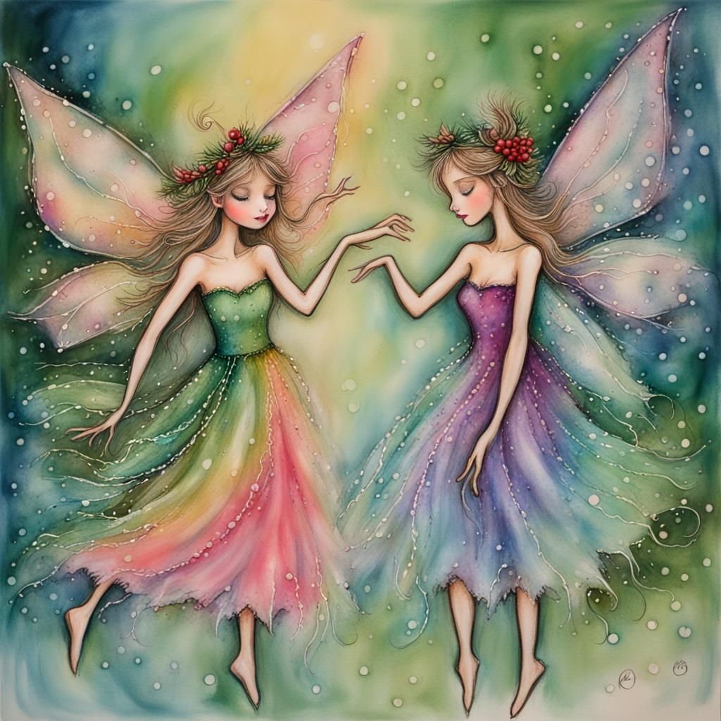 Whimsical Christmas Fairies Dancing in Pastel