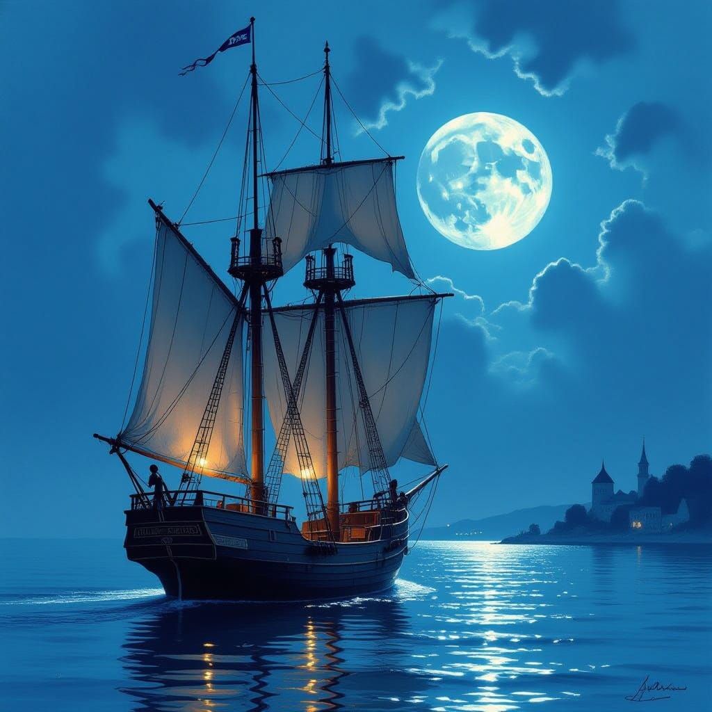 Majestic Old Brigantine Under Full Moon Enters Serene Harbor