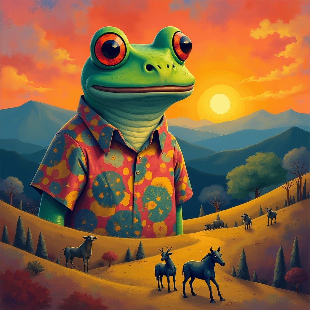 Friendly Giant Pepe Under Alien Sunset, in Cubist Style