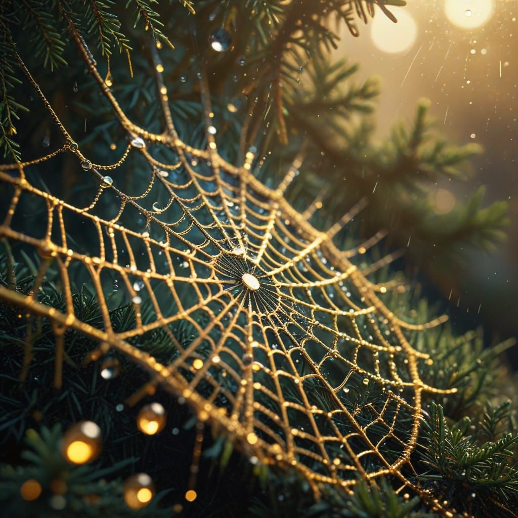 Steampunk Spiderweb with Raindrops in Golden Light