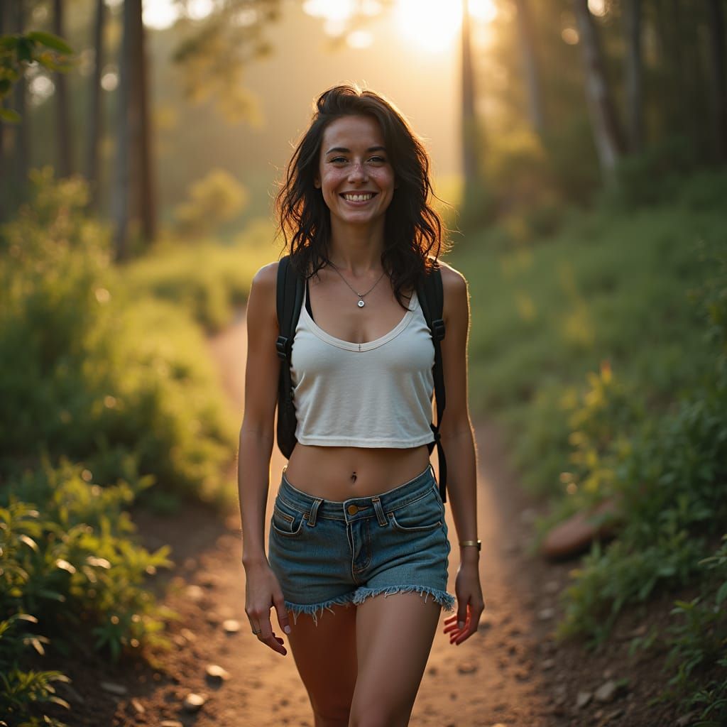 Hyperrealistic Portrait of Woman Hiking on Nature Trail