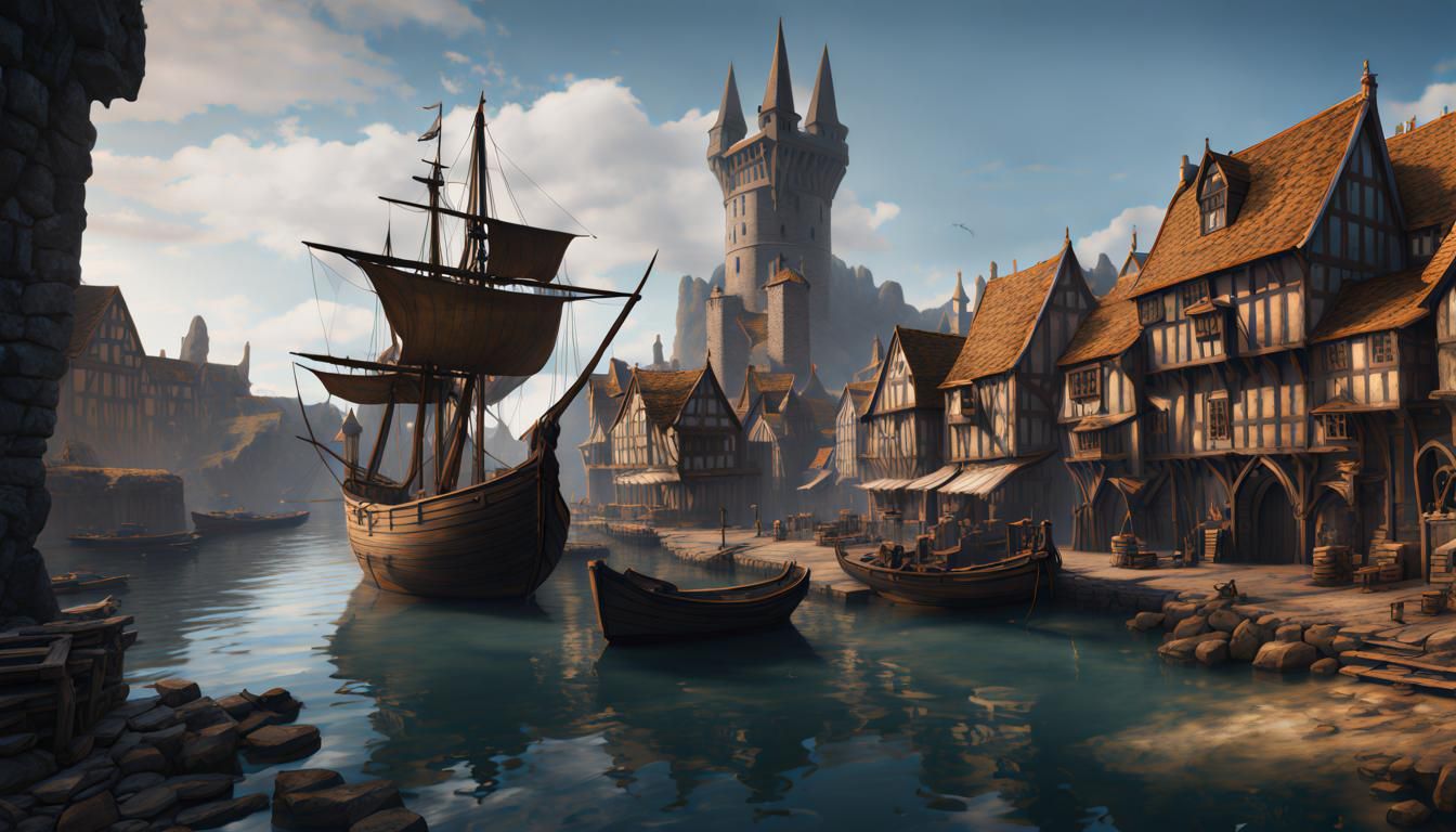 Detailed Medieval Port Fantasy Concept Art