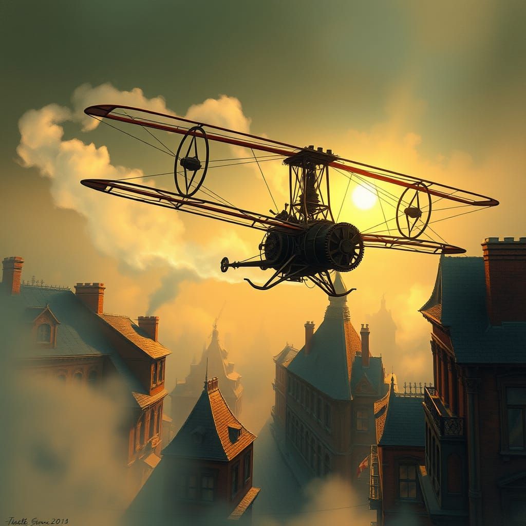 Steampunk Ornithopter Soaring Over Victorian Metropolis