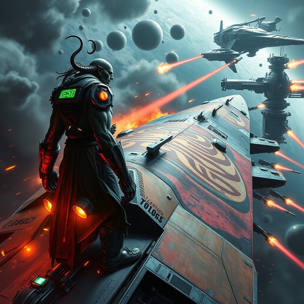 Cybernetic Orc Warlord Commands Battle-Scarred Starship