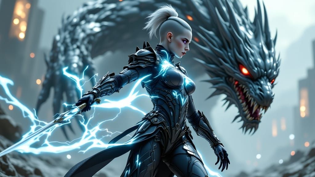 Oriental Warrior Woman in High-Tech Armor Fights Dragon