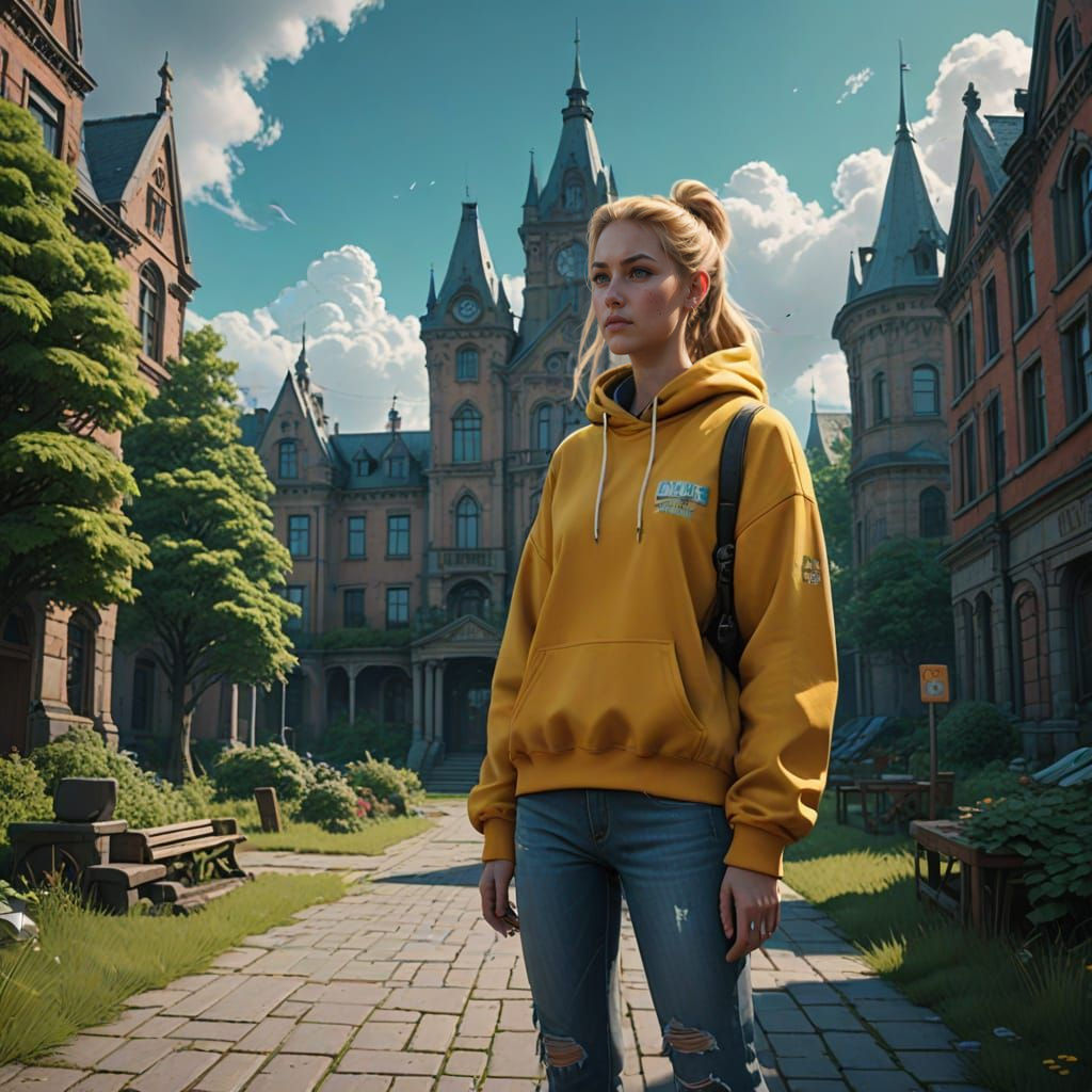 Young Blond Woman Standing on College Campus in Detailed Fan...