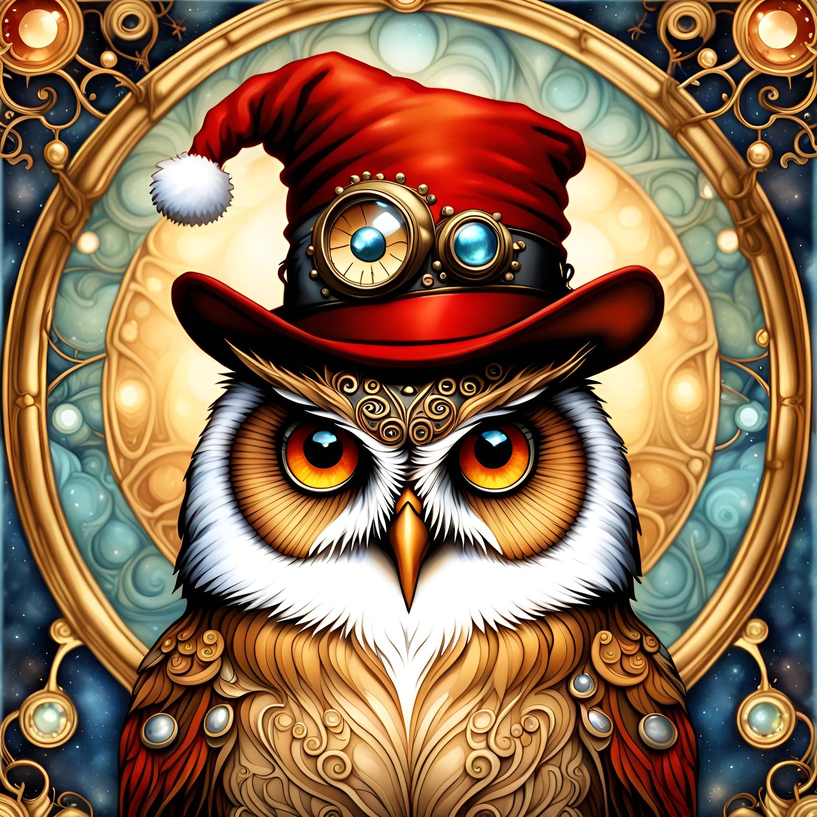 Whimsical Steampunk Christmas Owl in Art Nouveau Style