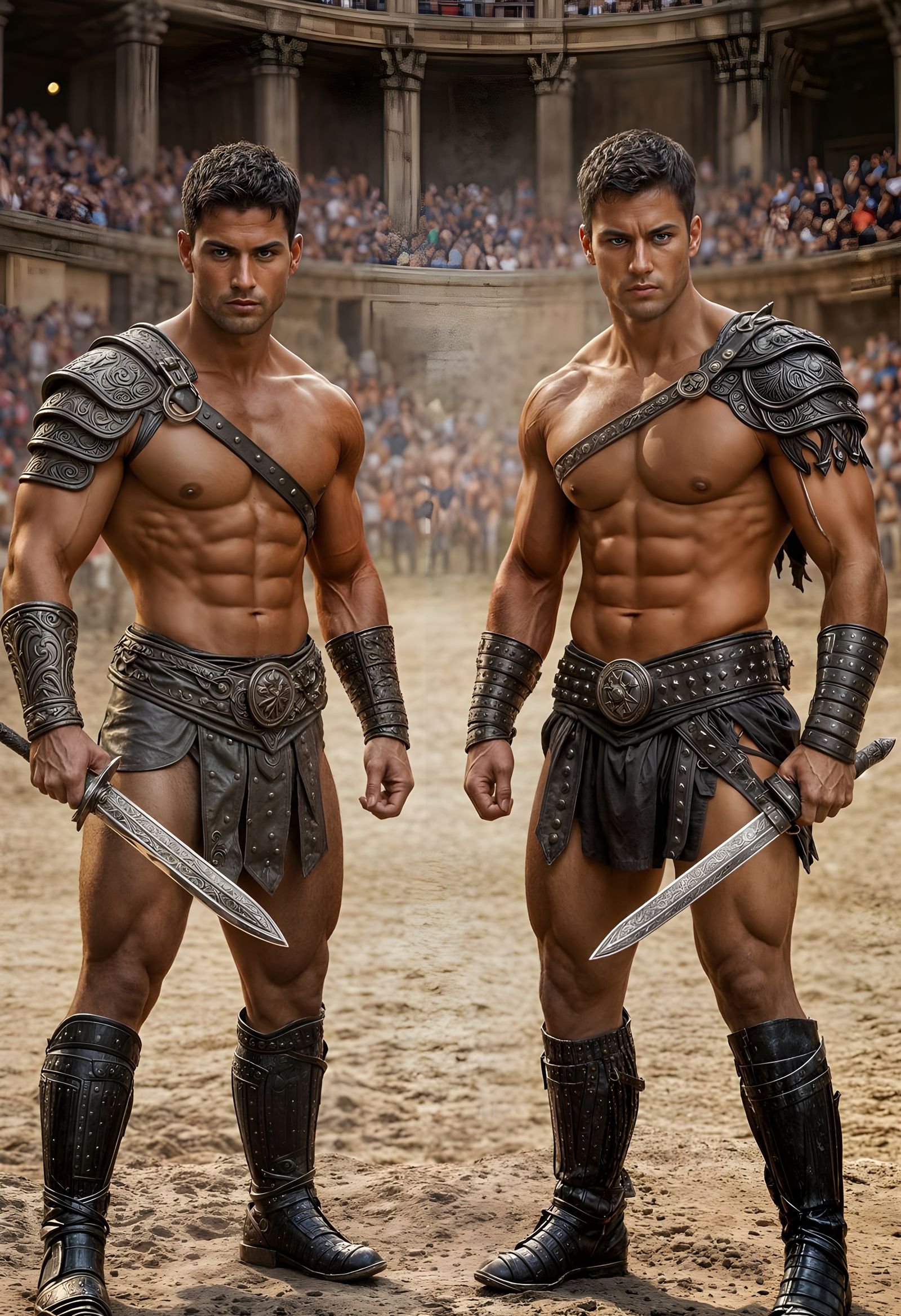 Muscular Gladiators in Roman Arena, Ready for Battle
