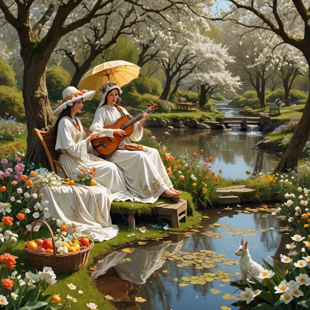 Mother's Day Picnic by River in Fantasy Art