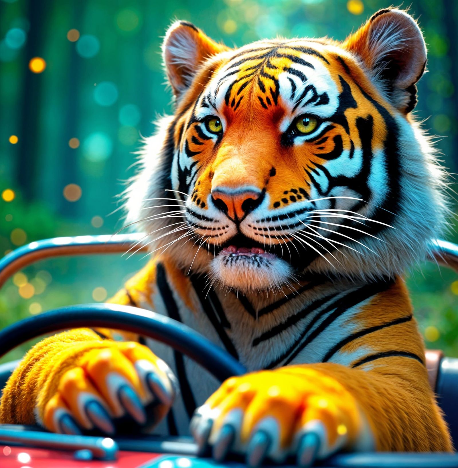 Tiger Drives Rainbow Car in Fairytale Landscape