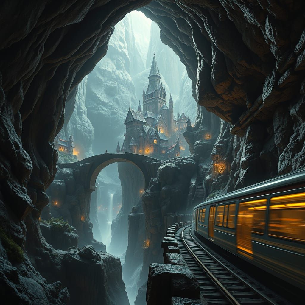 Dwarven City in Fantasy Cave with Stone Bridge