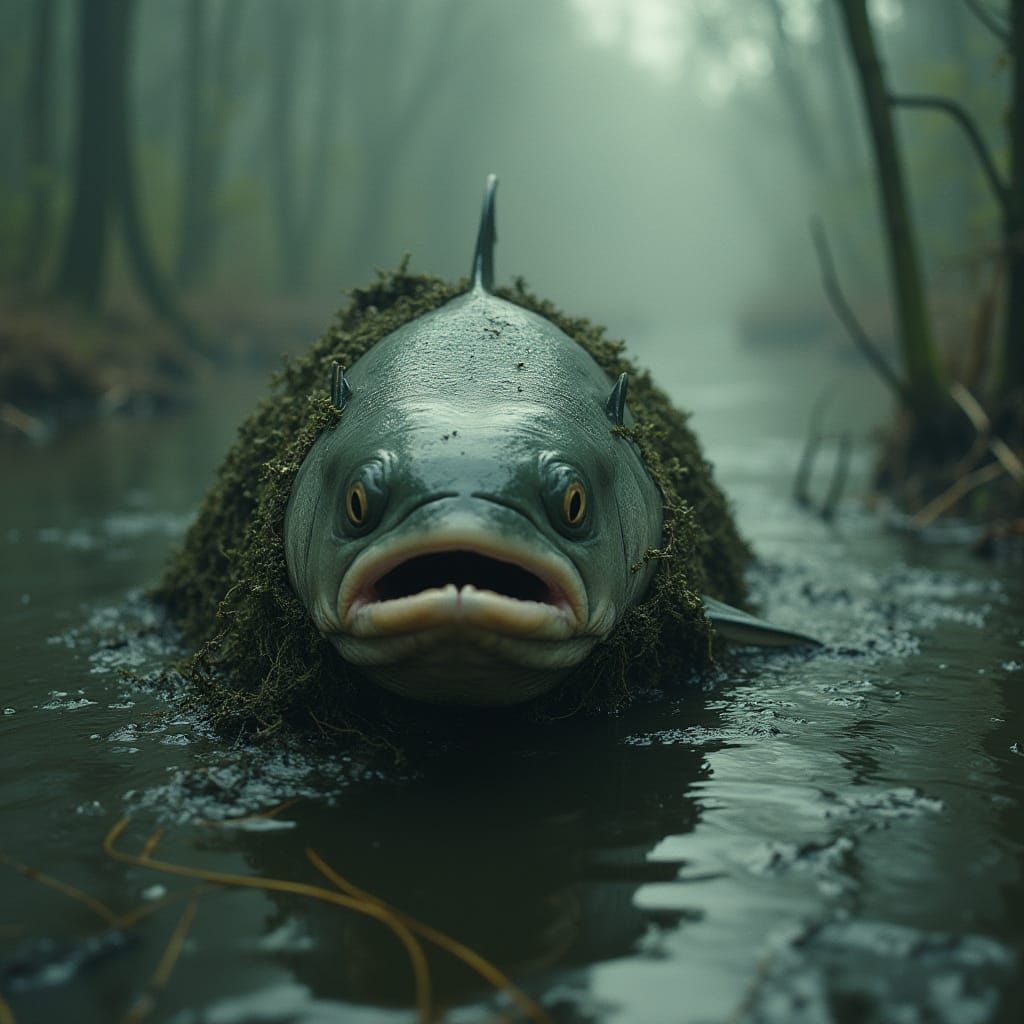 Humanoid Salmon Wades Through Murky Swamp, Cinematic