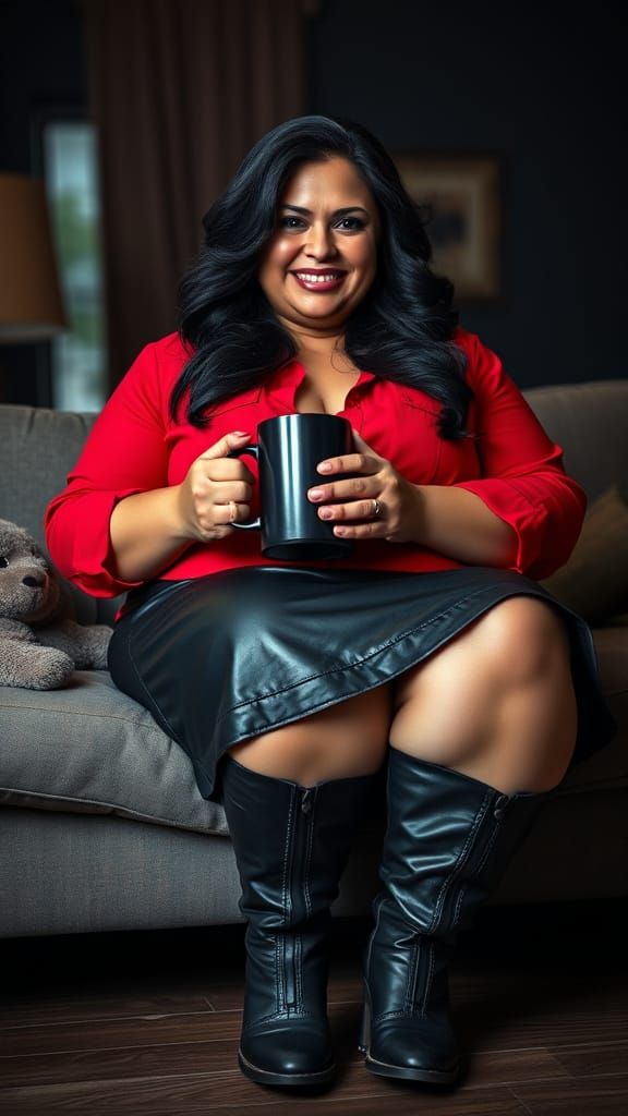 Curvy Egyptian Woman Sips Tea in a Dark Living Room