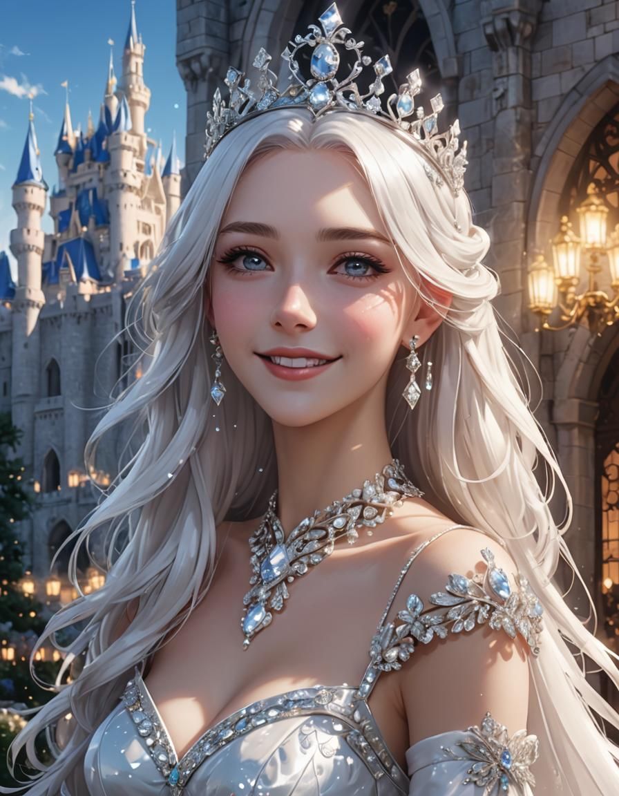 Anime Princess in White Gown with Diamond Tiara