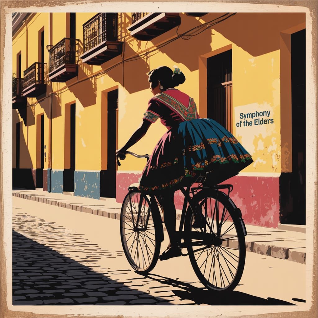 Bolivian Woman Rides Bicycle in Stencil-Style Illustration