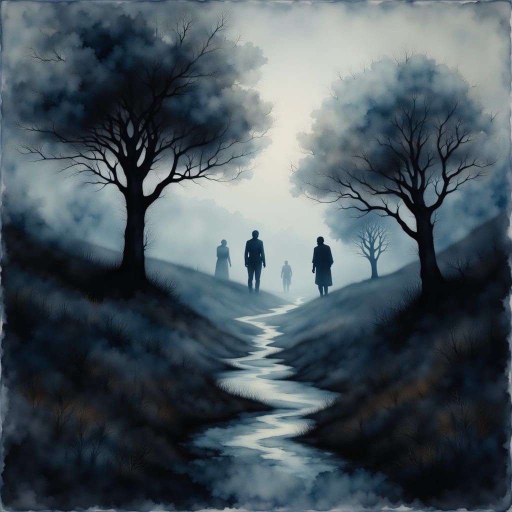 Ethereal Mists Veil Silhouettes in Gouache Watercolor