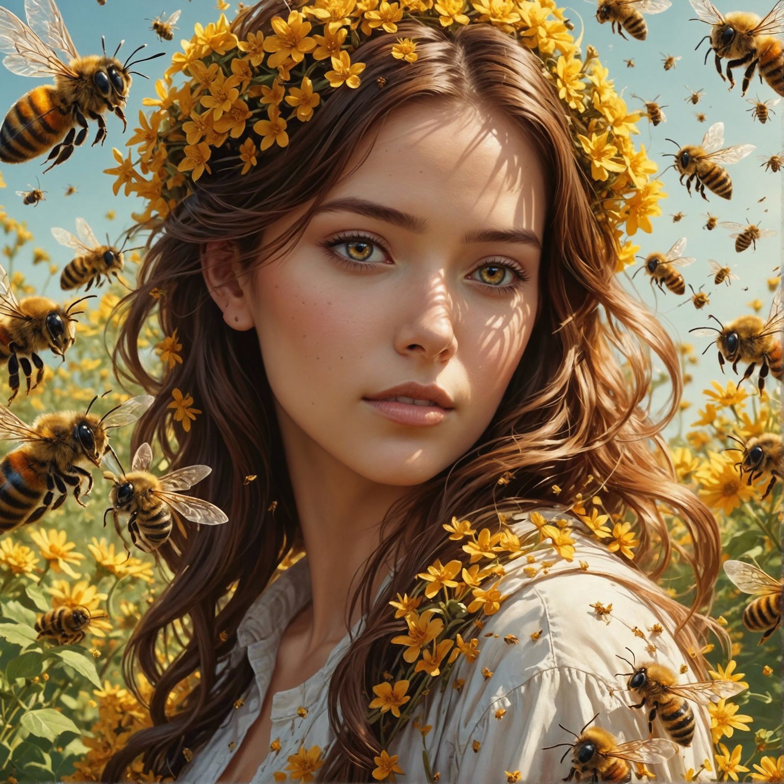 Woman Surrounded by Bees, Intricate Art