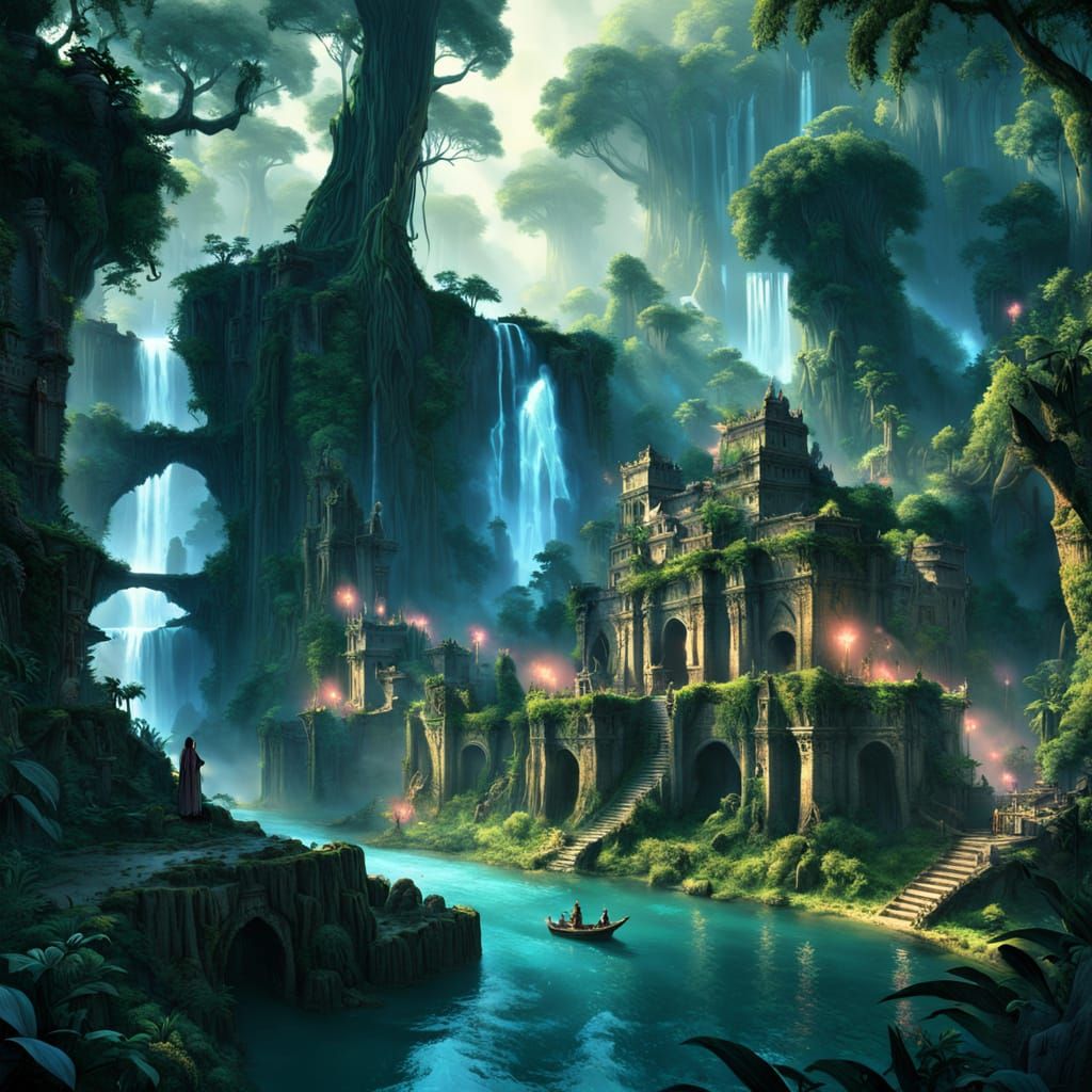 Surreal Jungle City Emerges from Petrified Tree Trunk