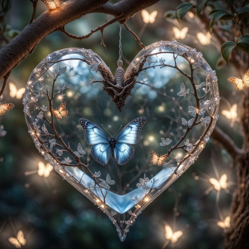 Crystal Heart with Butterfly: Photorealistic Enchanted Scene