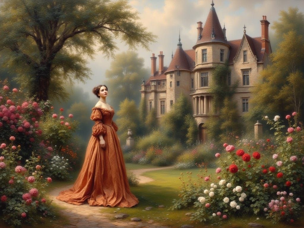 Elegant Lady Tending to a Romantic Rose Garden in the Style ...