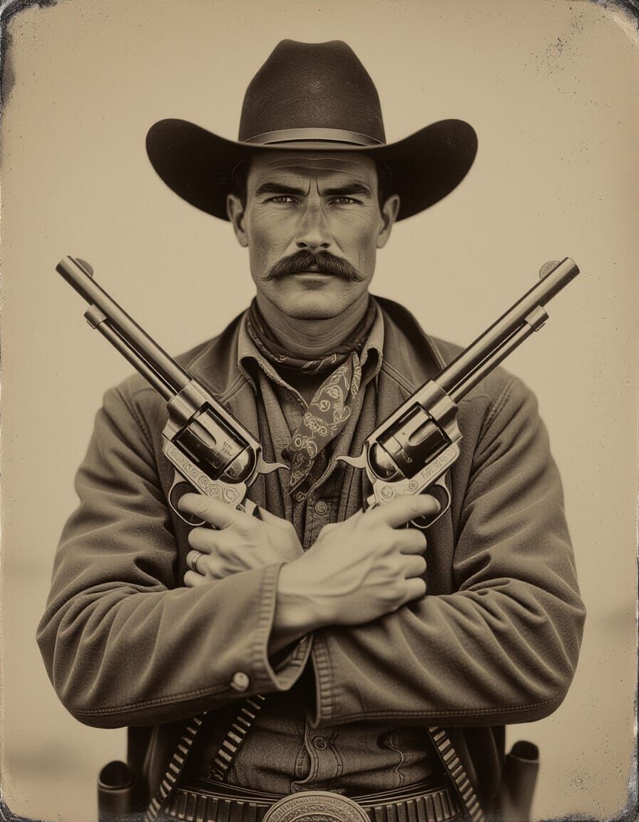 Old West Gunslinger Ferrotype with Crossed Revolvers