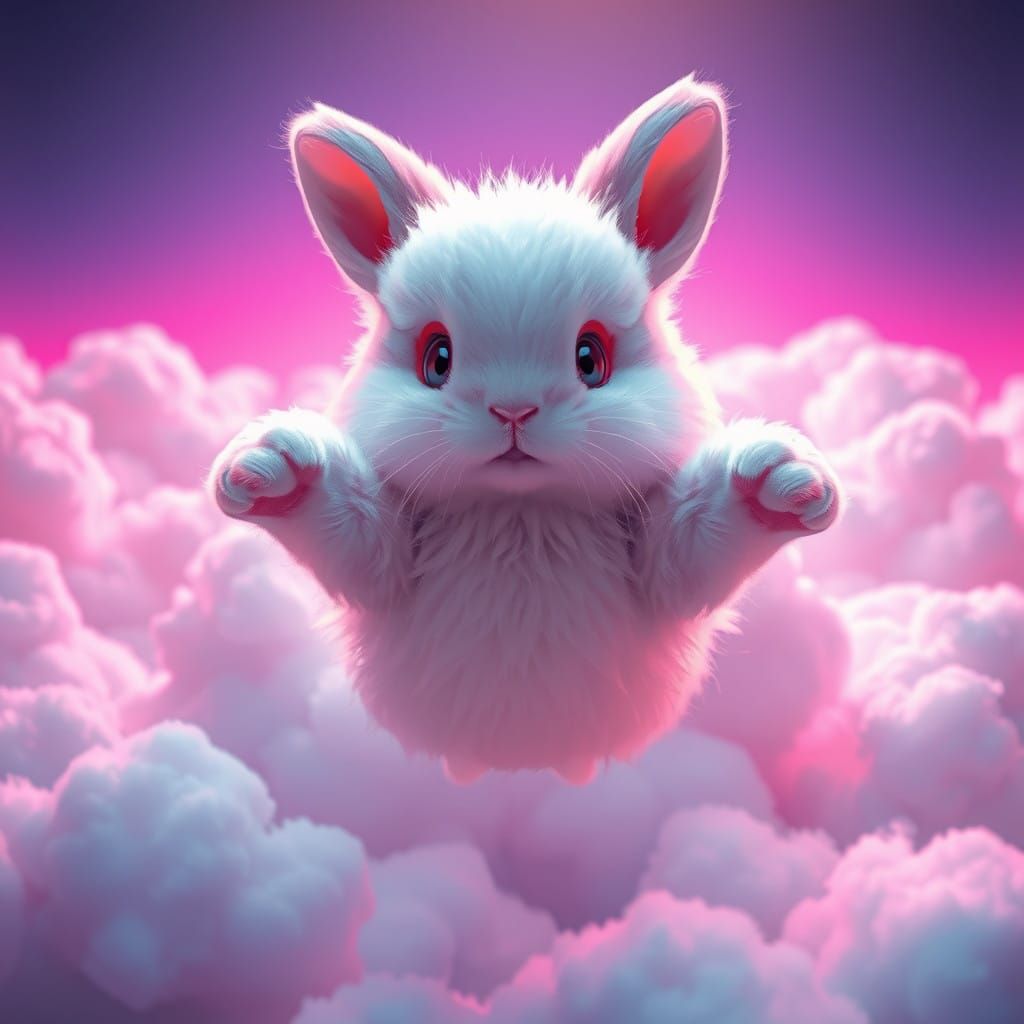 Cute Bunny Soars Amidst Vibrant Clouds in a Retro-Futuristic...