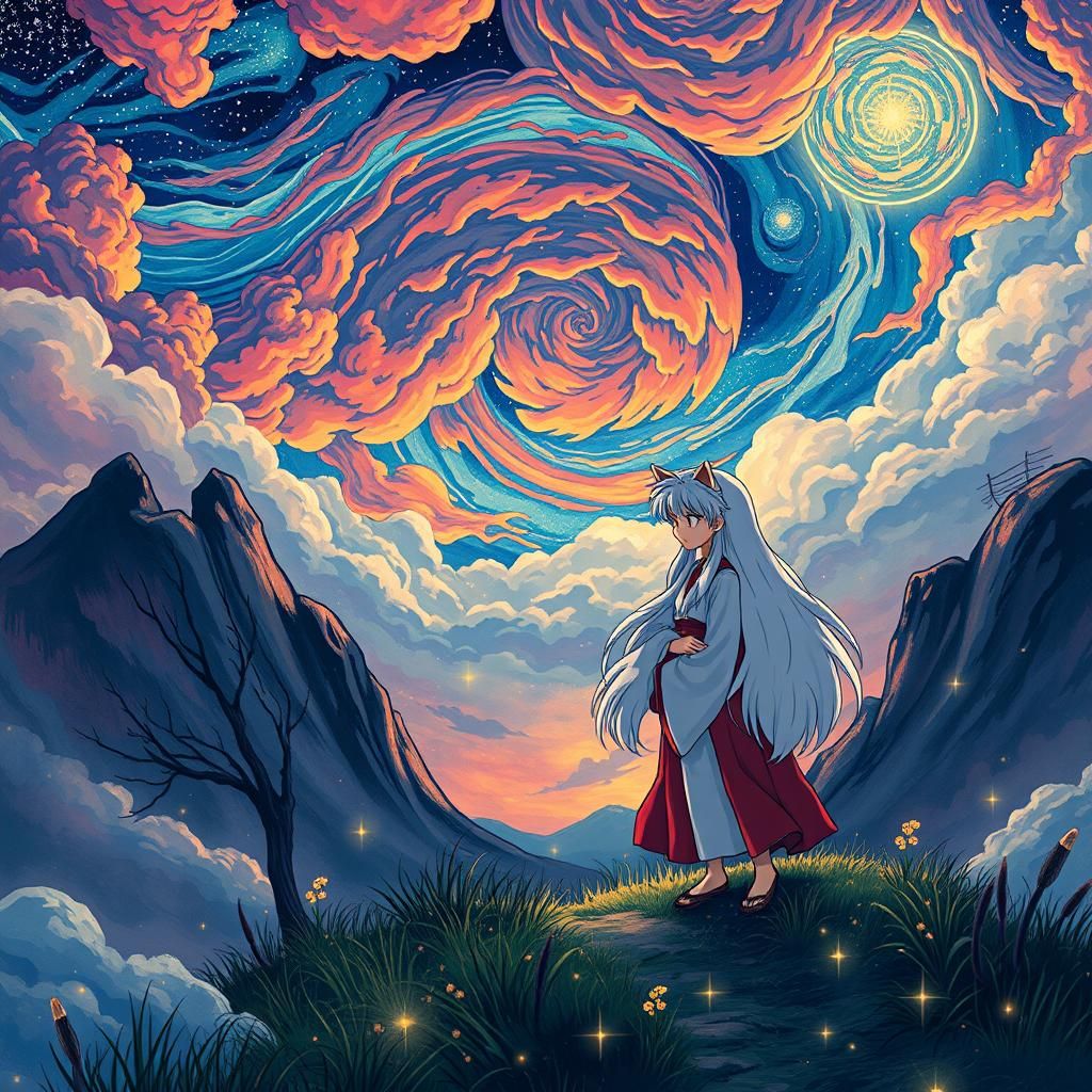 Anime Inuyasha in Ukiyoe Sky with Van Gogh Stars