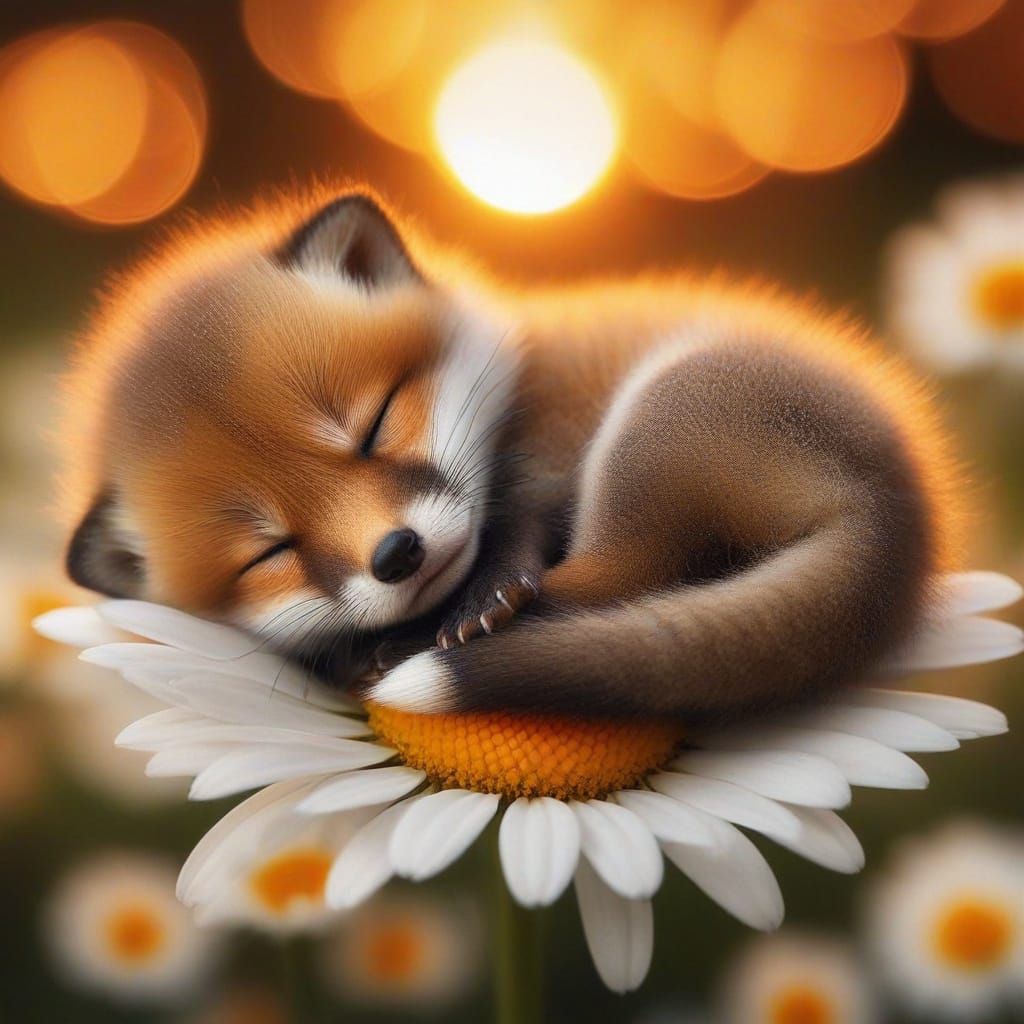 Adorable Red Fox Kit Slumbers on a Daisy in Warm Sunset Hues