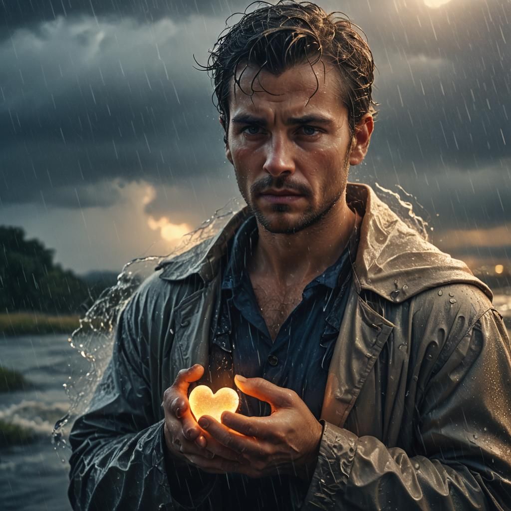 Man Holds Glowing Heart in Storm, Photorealistic Digital Art