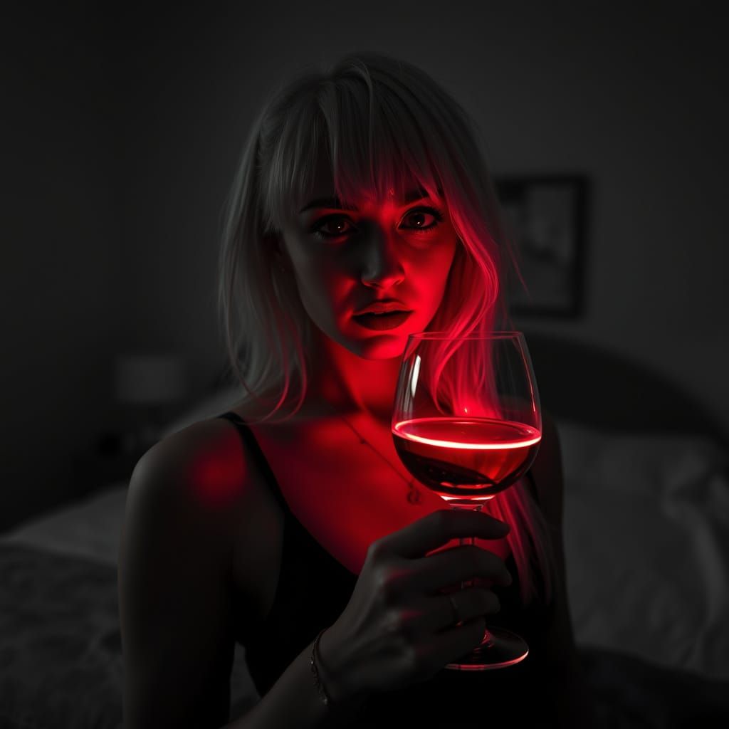 Woman in Neon Hair and Wine in Black and White Bedroom